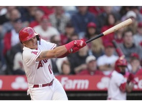 Infielder Gio Urshela (10) in seen in action with the Los Angeles Angeles in 2023.