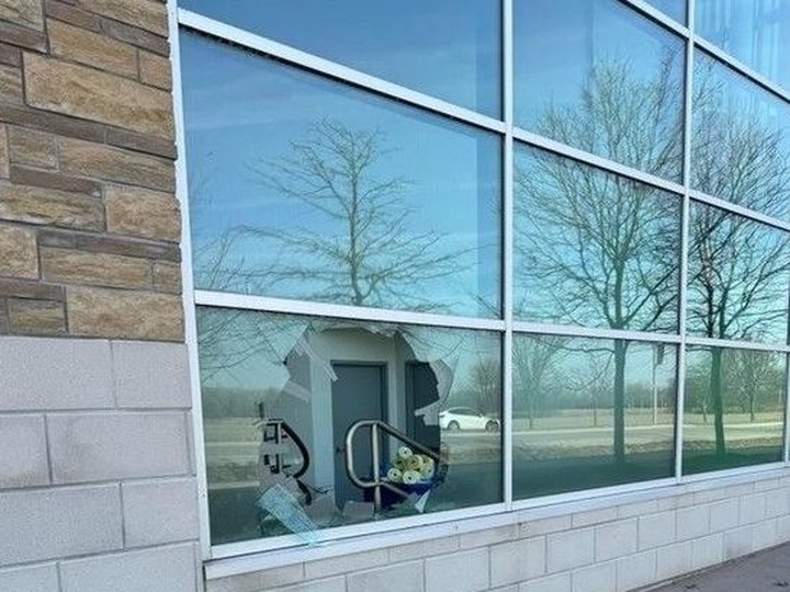  The shattered north-facing window at the Vollmer Culture and Recreation Complex in LaSalle where a deer leaped through and interrupted swimming lessons on Sunday, February 25, 2024.
