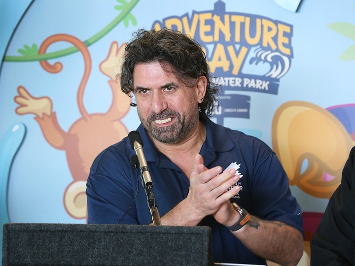  Ward 3 Coun. Renaldo Agostino speaks during the Adventure Bay Family Water Park 10th birthday celebrations on Feb. 19, 2024.