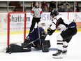 LaSalle Vipers goalie Tre Altiman makes a pad save on Chatham Maroons' Jacob Cloutier (10) during the second overtime of Sunday's game.