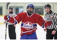Trevor Larue (18) scored twice on Tuesday to help the Lakeshore Canadiens to a 4-0 win over the New Hamburg Firebirds.