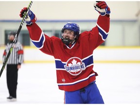 Lakeshore Canadiens' Trevor Larue (18) scored the overtime winner in the PJHL semifinal series against the New Hamburg Firebirds.