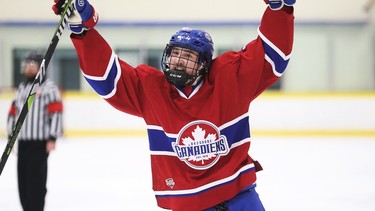 Lakeshore Canadiens' Trevor Larue (18) scored the overtime winner in the PJHL semifinal series against the New Hamburg Firebirds.