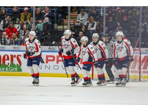 After Saturday's season-ending loss in Saginaw to the Spirit, the Windsor Spitfires will look to build the future around core players like, from left, A.J. Spellacy (8), captain Liam Greentree (66), Ryan Abraham (12), Carson Woodall (24) and Anthony Cristoforo (74).