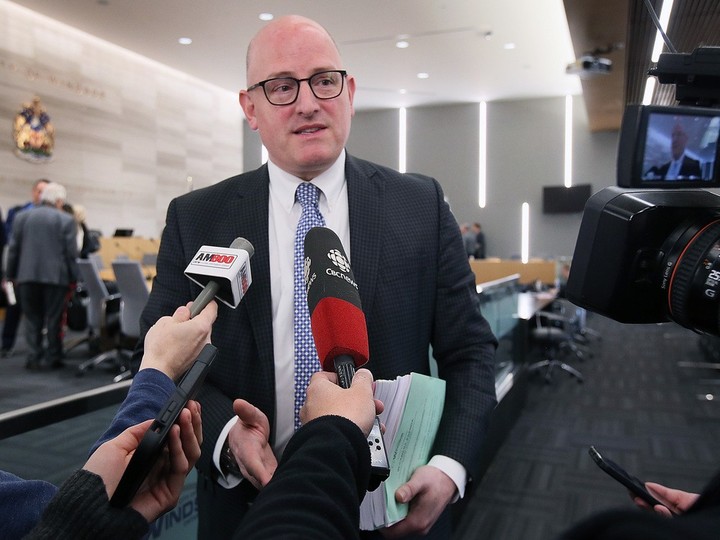  Windsor Mayor Drew Dilkens speaks to reporters at the conclusion of a city council meeting on Monday, March 18, 2024.