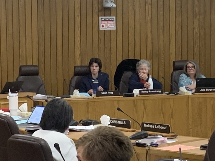  Student trustee Colin Pyne, centre top, and other trustees listen to delegations at the Greater Essex County District School Board meeting on Tuesday, March 19.