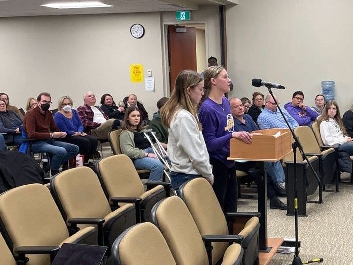  Kinsey Kendrick and Emmerson Jadischke, both Grade 11 students at Kingsville District Secondary School, speak to trustees at the Greater Essex County District School Board meeting on Tuesday, March 19, 2024. BRIAN MACLEOD/Windsor Star