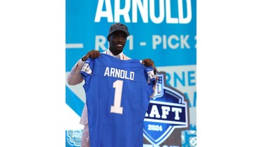 Terrion Arnold poses after being selected 24th overall by the Detroit Lions during the first round of the 2024 NFL Draft at Campus Martius Park and Hart Plaza.