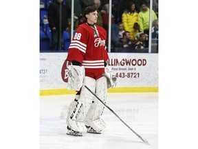 Leamington Flyers' goaltender Sebastian Gatto (88) was a surprise selection by the London Knights in Saturday's OHL Draft.