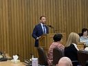 Mario Spagnuolo, president of the Greater Essex Elementary Teachers' Federation of Ontario, speaks to the Greater Essex County District School Board about possible cuts due to a budget deficit on Tuesday, April 2, 2024.