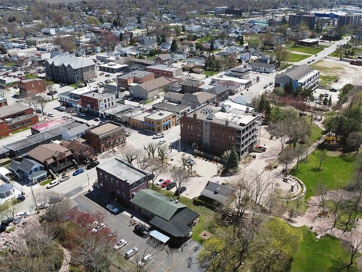  Bird’s-eye view of downtown Amherstburg is shown on Monday, April 15, 2024, with the Detroit River on the right.
