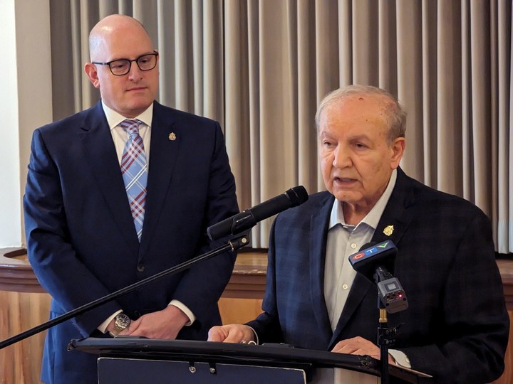  As Mayor Drew Dilkens looks on, Ward 5 Coun. Ed Sleiman talks at a news conference on Jan. 25, 2023, about how the Windsor’s community improvement plan has helped revitalize Ford City.