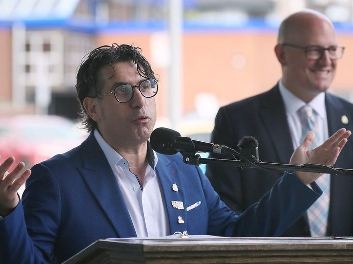  ‘Ignite the flame of a new downtown.’ Ward 3 Coun. Renaldo Agostino, left, and Mayor Drew Dilkens are shown during a press conference on Tuesday, April 23, 2024, at City Hall.
