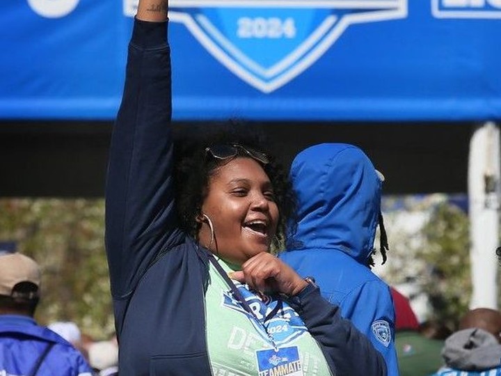  Lynette Ponder pumps up fans at the start of the NFL 2024 Draft festivities in downtown Detroit on Thursday, April 25, 2024.