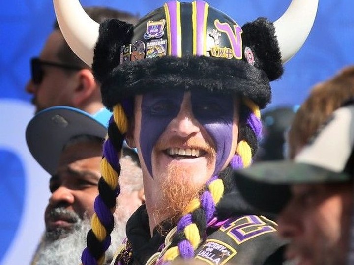  A Minnesota Viking fan is shown at the start of NFL 2024 Draft festivities in downtown Detroit on Thursday, April 25, 2024. DAN JANISSE/Windsor Star