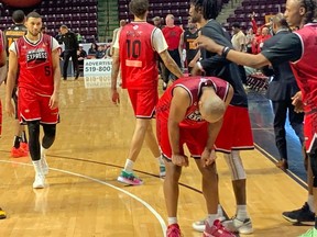 A dejected Windsor Express guard Shadell Millinghaus drops his head in disappointment after the team's 135-130 loss on Sunday to the Sudbury Five at the WFCU Centre that eliminated the team from Basketball Super League playoff contention.