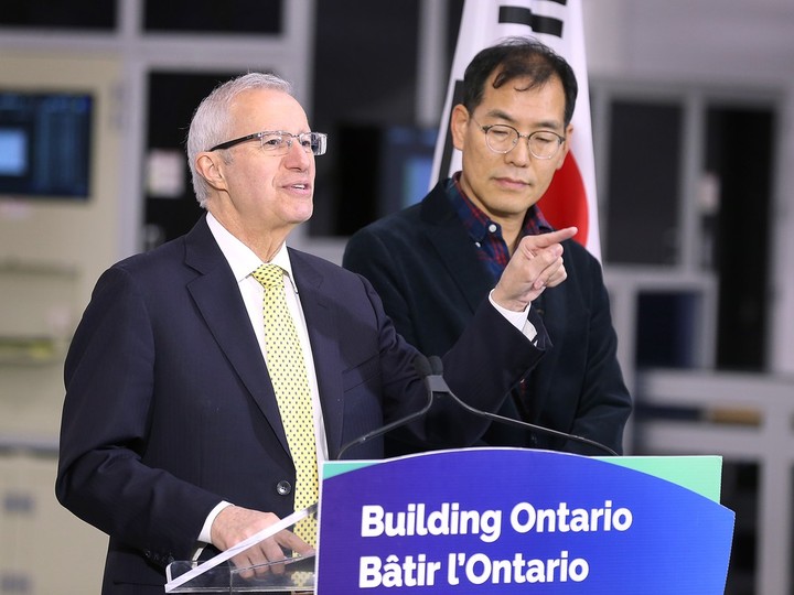  Vic Fedeli, left, Ontario Minister of Economic Development, Job Creation and Trade speaks during a press conference announcing provincial loans to four Windsor and Leamington companies on Thursday, April 11, 2024 as Chunbok Choi, CEO of DS Actimo Canada Inc. looks on.