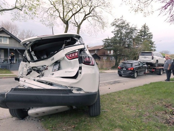  A car damaged during a multi-vehicle collision is pictured on Bruce Avenue in Windsor on Tuesday, April 23, 2024.