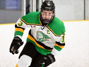 Defenceman Carter Hicks is shown in action with the London Jr. Knights  minor midgets. The Windsor Spitfires made Hicks the third pick in the second round of the 2024 OHL Draft.