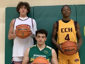 WECSSAA senior boy's Mr. Basketball winners (from left), Arlind Avdo, from the Holy Names Knights, Omar El-Gohary, from the Windsor Islamic Jaguars, and Odilon Lougnamon, from the Catholic Central Comets, are show together after practice before the all-star game at the St. Clair College SportsPlex.