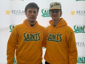 Leamington high school teammates Andy Groening, at left, and Carter Knelsen pose together at the St. Clair College SportsPlex. The two are set to join the St. Clair College Saints baseball program in the fall.
