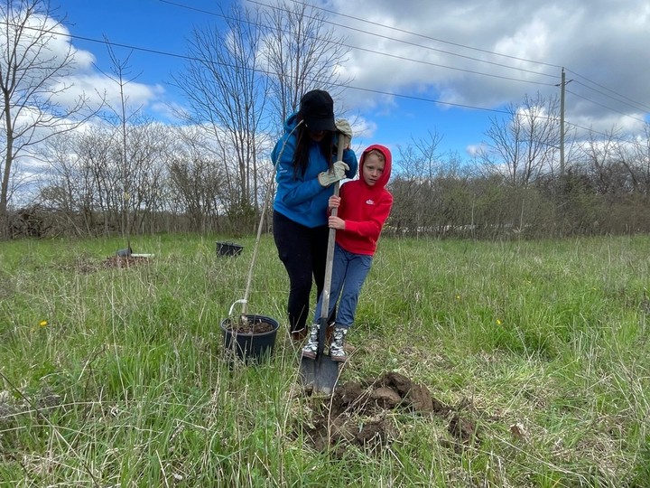  Anna Mady and Matthew put extra effort into planting a tree near the Libro Centre trail in Amherstburg during an Earth Day event on Saturday.