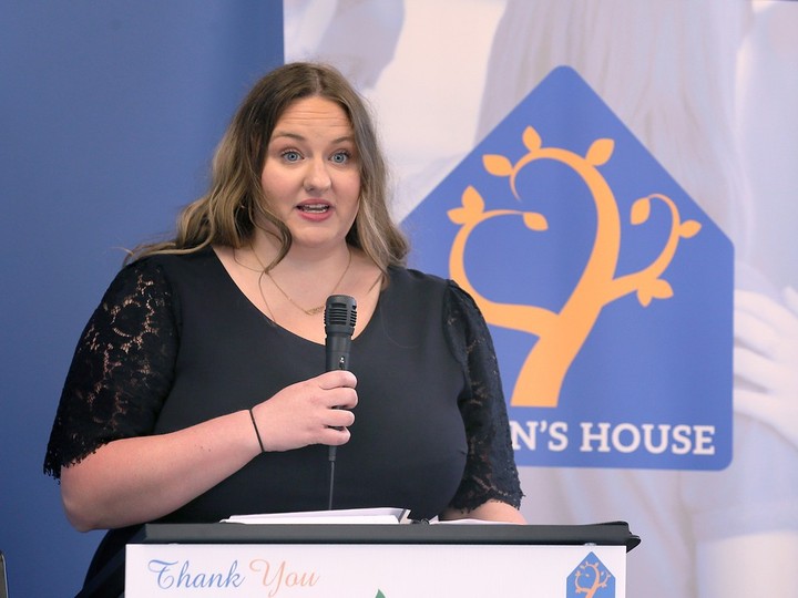  Kaitlyn Dyer speaks during a media conference on April 26, 2024, during the ribbon cutting of the Nick Dyer Clubhouse at Julien’s House in Windsor.