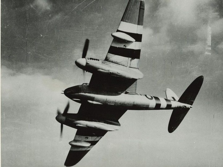  The DeHavilland “Mosquito” bomber was a long-range versatile aircraft and one of the fastest during the Second World War. Shown here is a Mosquito in flight in August 1945. They were were used in day and night operations and as fighters and for navigation purposes.