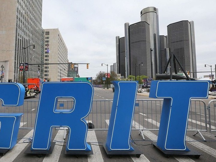  The Detroit Lions “GRIT” logo is shown in downtown Detroit on Wednesday, April 24, 2024.
