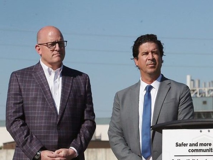  Windsor Mayor Drew Dilkens, left, is shown on Aug. 31, 2022, with then-city engineer and commissioner of infrastructure services Chris Nepszy during a press conference at the Lou Romano Water Reclamation Plant. DAN JANISSE/Windsor Star