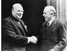 Rt. Hon. W.L. Winston Churchill welcoming Rt. Hon. W.L. Mackenzie King to London., Aug. 21, 1941. Courtesy, National Film Board of Canada. Phototheque / Library and Archives Canada / C-047565