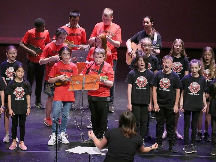  Glenwood Public School singers take part in the cross-country Music Monday event on May 6, 2024, at the Capitol Theatre in Windsor.
