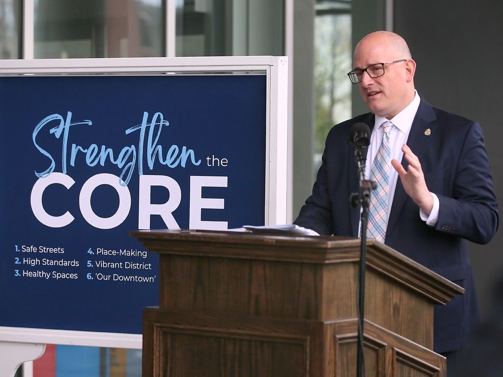 Windsor Mayor Drew Dilkens speaks during a press conference on April 23, 2024, at Windsor City Hall, announcing a new plan to strengthen and revitalize the downtown and make it safer.
