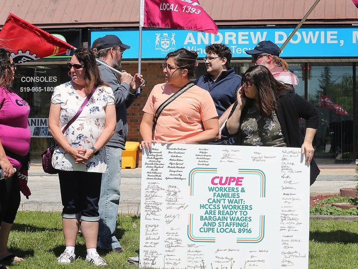  Local home and community health care workers protest outside MPP Andrew Dowie’s office in Windsor on Wednesday, May 8, 2024. DAN JANISSE/Windsor Star
