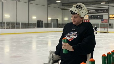 Windsor Spitfires' goalie prospect Jake Windbiel, who played for the Chicago Mission minor midgets last season, takes a break during the team's orientation camp on Saturday at the WFCU Centre.
