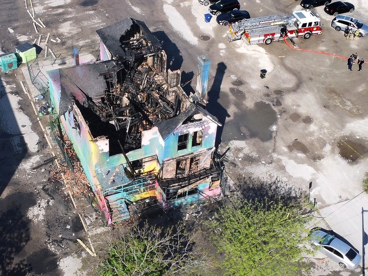  Bird’s-eye view of the fire-damaged ‘rainbow house on Ouellette Avenue next to the Downtown Mission in Windsor is shown Thursday, May 2, 2024. DAN JANISSE/Windsor Star