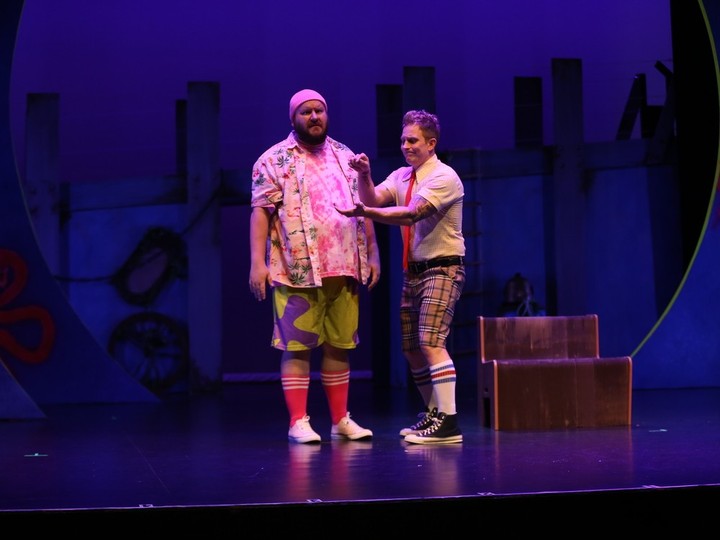  Justin Raisbeck playing SpongeBob, right, and Micheal Roy as Patrick are shown during Tuesday rehearsals of The SpongeBob Musical ahead of Friday’s opening night at the Chrysler Theatre.
