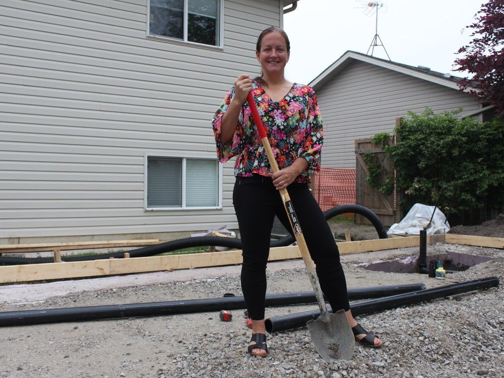 Essex Mayor Sherry Bondy is pictured at the construction site of her new tiny home in Harrow on Monday, June 3, 2024. Bondy is the first local elected official to build an additional dwelling unit on their property.