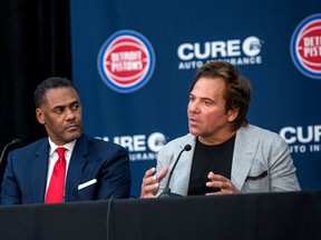 Detroit Pistons' owner Tom Gores, at right, mutually parted ways with GM Troy Weaver, at left, on Saturday just a day after naming Trajan Langdon the team's president of basketball operations.