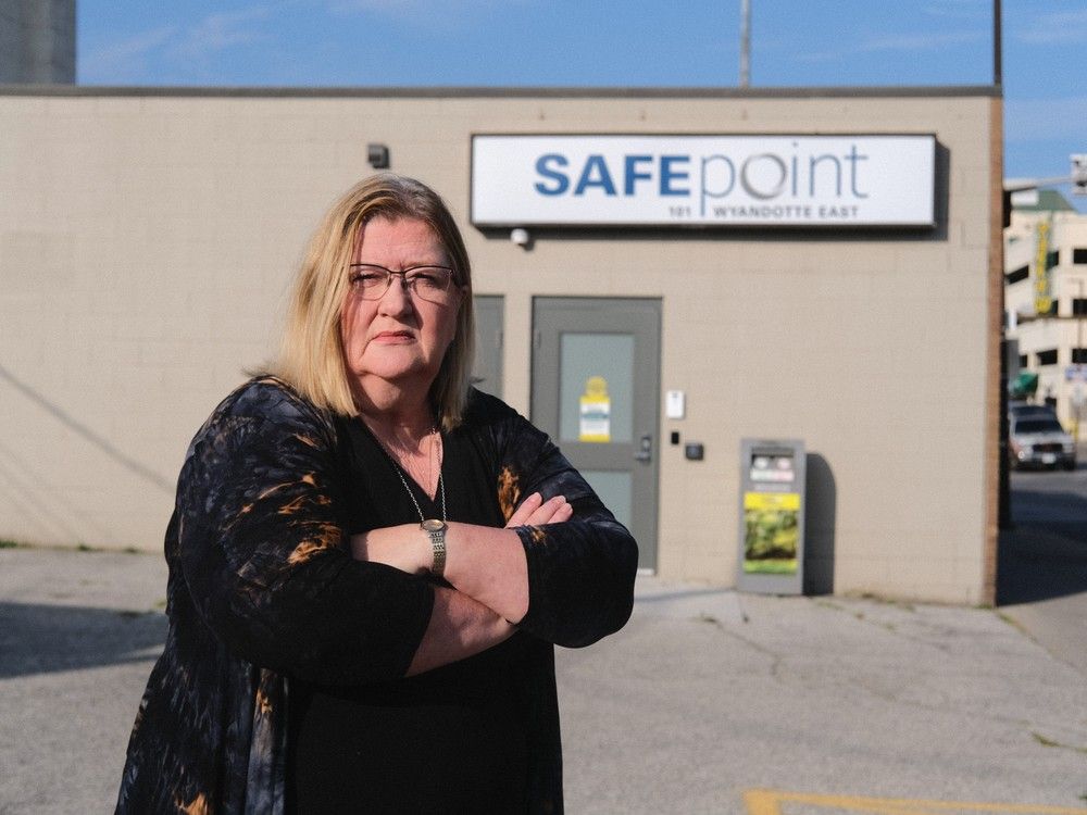  Windsor CTS Advocacy Coalition member Kathy Moreland, whose son died from an opioid overdose in 2020, stands outside of the now shuttered SafePoint location downtown on Friday, August 23, 2024.