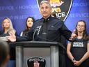 Windsor police Chief Jason Bellaire speaks during a press conference on Thursday, September 26, 2024 as local social workers look on. The service announced a pilot project to provide quicker support to victims of intimate partner violence.