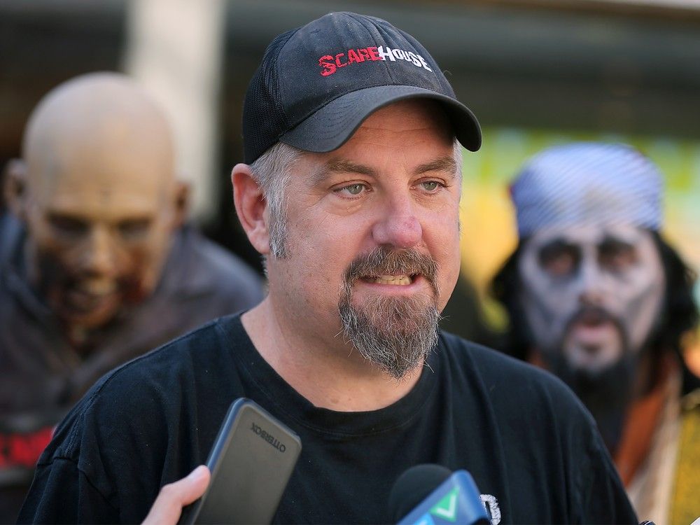  shawn lippert from scarehouse windsor speaks at a press conference on tuesday, september 10, 2024 for the upcoming zombie walk and parade in the downtown core.