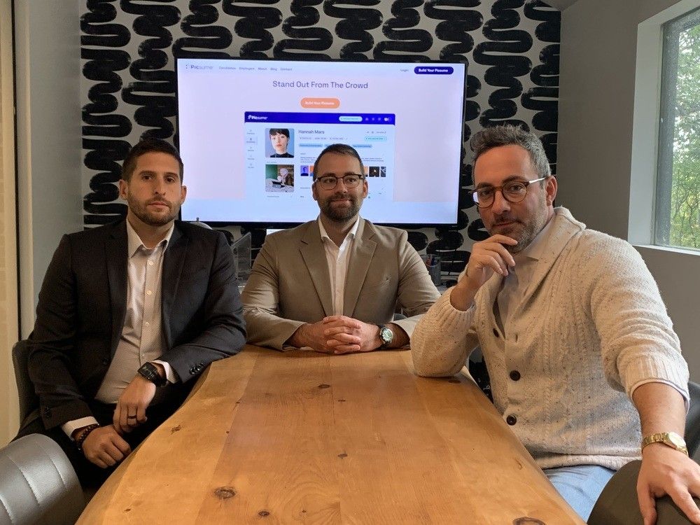 Picsume co-founders Jordan Goure (CEO/president), left; chief technical officer Nick Mastromattei, and chief creative officer Joshua Goure are shown at the company's Essex office on Monday, Oct. 7, 2024.