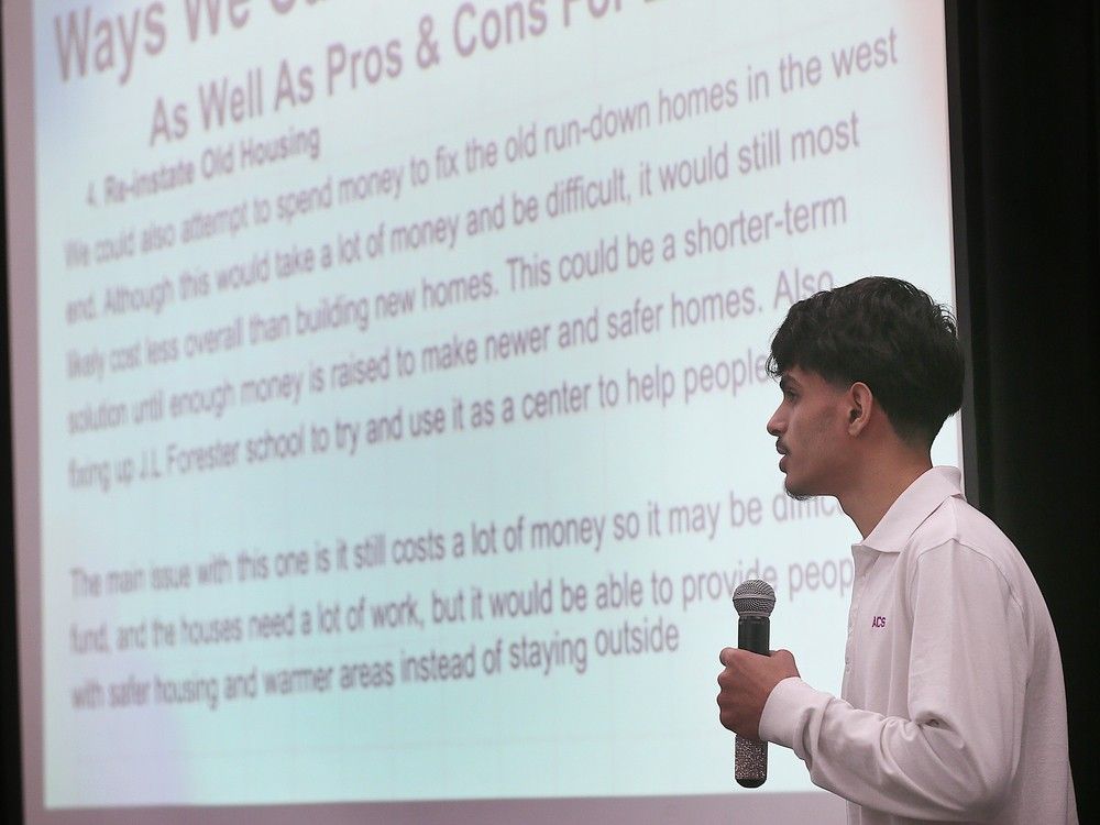 Tacking the complexities of homelessness — Ali Almousawi, 16, a student at Assumption College Catholic High School, participates in a homelessness panel presentation at the Windsor school on Tuesday, Nov. 26, 2024.