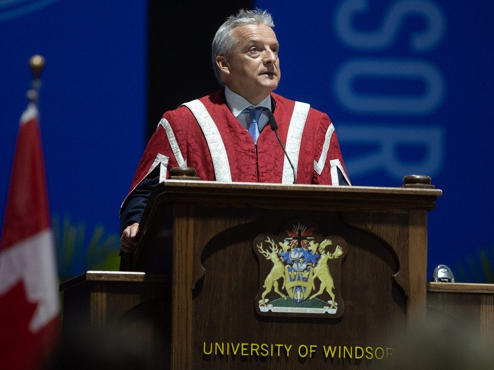  university of windsor president robert gordon addresses graduating students during the school’s 121st convocation at the toldo lancer centre on june 4, 2024.
