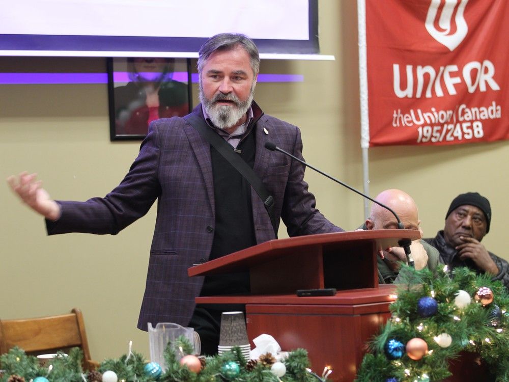  ward 9 coun. kieran mckenzie, speaking at the unifor union hall on somme avenue, thursday, dec. 19, 2024, says public safety must come first when it comes to transportation drivers at a city council meeting.