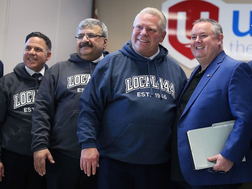 Progressive Conservative candidates Anthony Leardi (Essex), left, and Tony Francis (Windsor West), join Progressive Conservative Party of Ontario Leader Doug Ford and Unifor Local 444 president James Stewart on Wednesday, Jan. 29, 2025, at the Turner Road union hall.