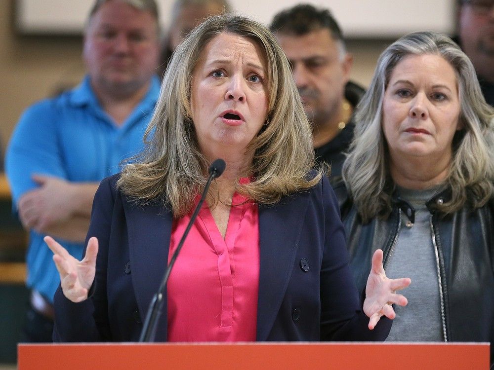 'Absolutely critical' for Ontario to fight threatened Trump tariffs: Marit Stiles, leader of the Ontario NDP, speaks during a press conference on Monday, Jan. 13, 2025, at the Unifor Local 444/200 hall in Windsor as local MPP Lisa Gretzky (NDP — Windsor West) looks on.