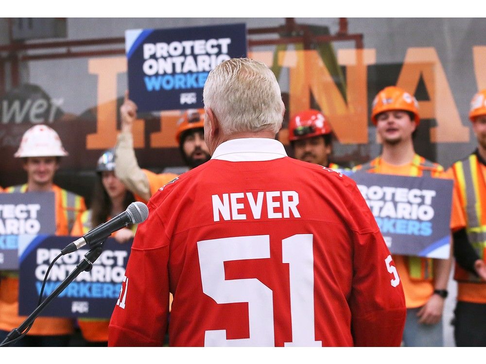  ontario premier doug ford displays his “never 51” hockey jersey at the liuna 625 training centre in windsor on wednesday, february 26, 2025, a reference to president donald trump’s demand that canada become the 51st state.