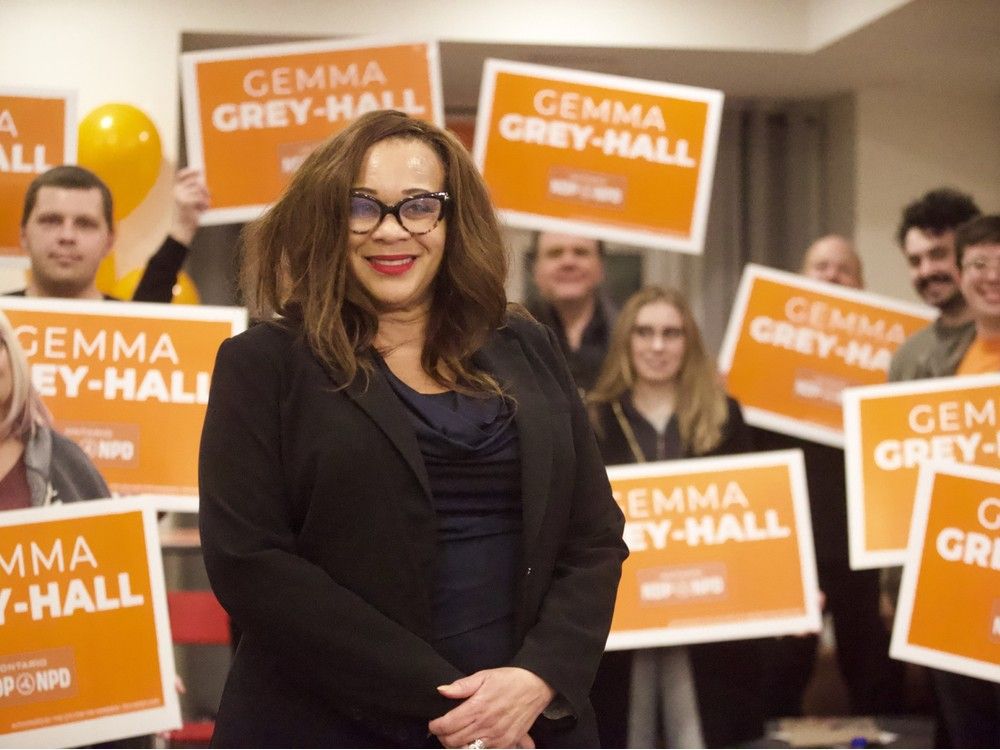  gemma grey-hall, ndp runner-up for windsor-tecumseh, was surrounded by a sea of orange-clad supporters at her campaign headquarters as election results rolled in on feb. 27, 2025.